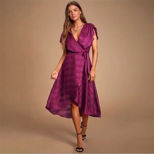 NWOT Lulu's Lenita Plum Purple Striped Satin High-Low Midi Dress - Medium